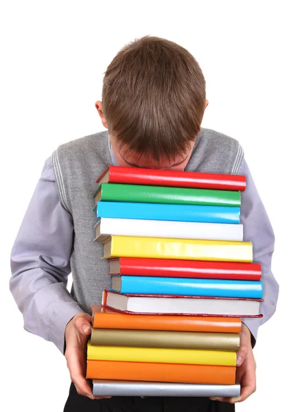 Jongen houden stapel van de boeken — Stockfoto