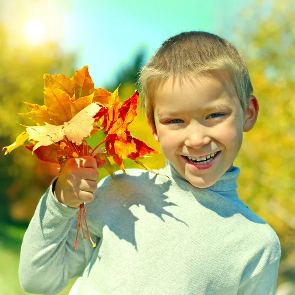 Junge mit Herbstblättern — Stockfoto