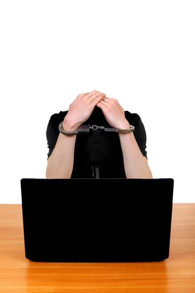 Homem detido com laptop — Fotografia de Stock