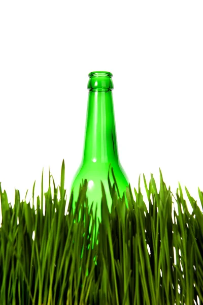 Grüne Flasche im Gras — Stockfoto