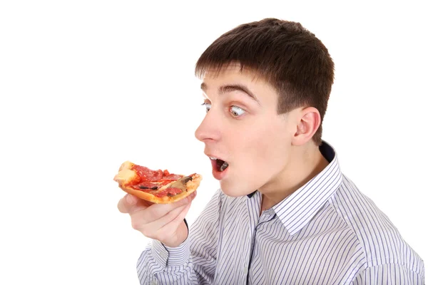 Adolescente surpreso com pizza — Fotografia de Stock