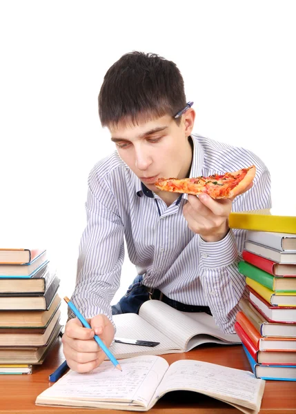Estudante com uma pizza — Fotografia de Stock