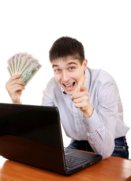 Happy Teenager with Laptop and Money — Stock Photo, Image