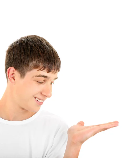 Cute Teenager Looking His Palm White Background Closeup — Stock Photo, Image