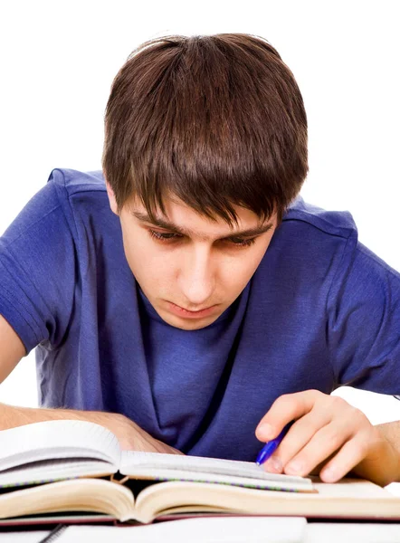 Estudiante Triste Leer Libro Escritorio Escuela Fondo Blanco — Foto de Stock