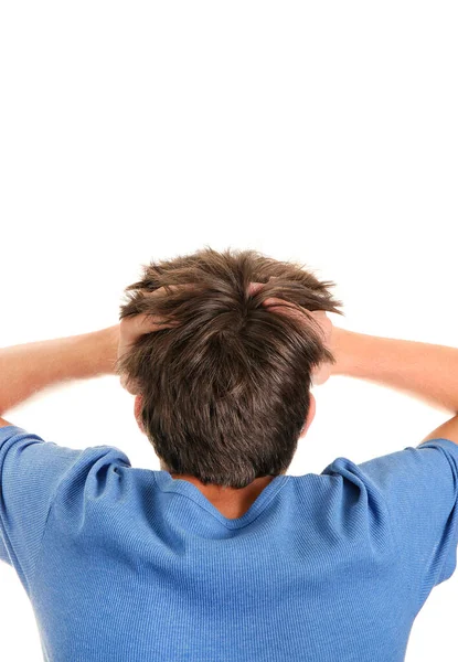 Bakifrån Den Stressade Människan Isolerat Den Vita Bakgrunden — Stockfoto