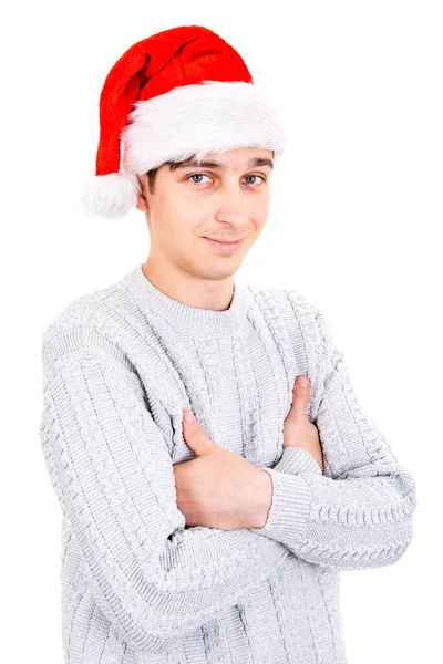 Beyaz Arkaplanda Tecrit Edilmiş Santa Hat Taki Yakışıklı Genç Adam — Stok fotoğraf