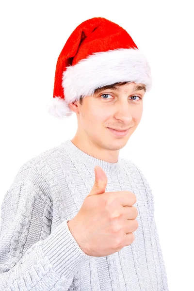 Homem Jovem Santa Chapéu Com Gesto Fundo Branco — Fotografia de Stock