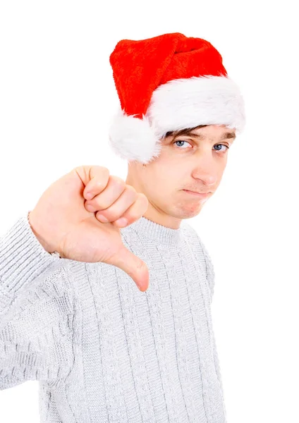 Unzufriedener Junger Mann Mit Weihnachtsmütze Macht Daumen Runter Auf Weißem — Stockfoto