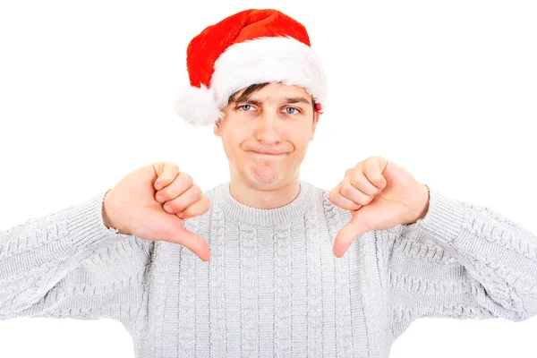 Unhappy Young Man Santa Hat Make Thumb White Background — Stock Photo, Image