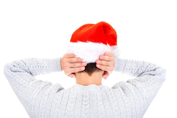 Vue Arrière Homme Santa Hat Couvrant Ses Oreilles Sur Fond — Photo