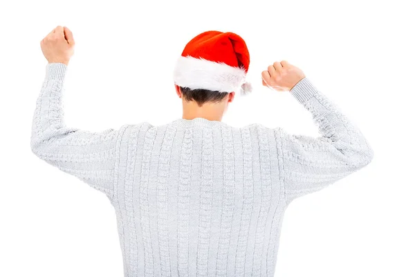 圣诞老人帽的背影 背景为白色 双手高举 彼此隔离 — 图库照片