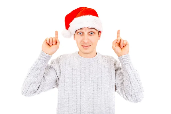 Surprised Young Man Santa Hat Fingers Isolated White Background — Stock Photo, Image