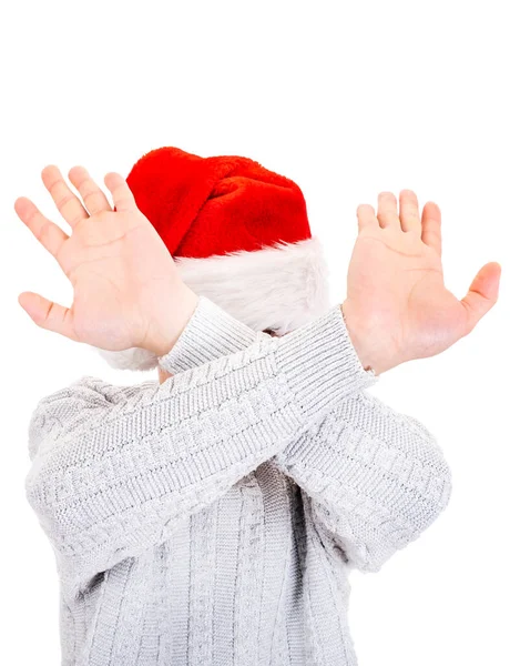 Mann Mit Weihnachtsmütze Zeigt Verweigerungsgeste Mit Isolierten Händen Auf Weißem — Stockfoto