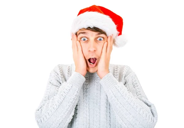 Verrast Jonge Man Kerstmuts Geïsoleerd Witte Achtergrond — Stockfoto