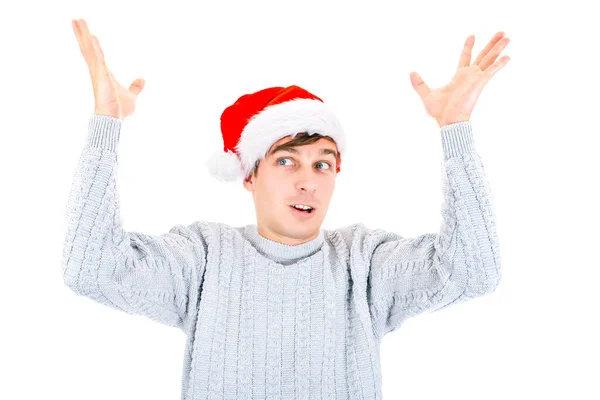 Sorpreso Giovane Uomo Santa Hat Con Mano Isolato Sullo Sfondo — Foto Stock