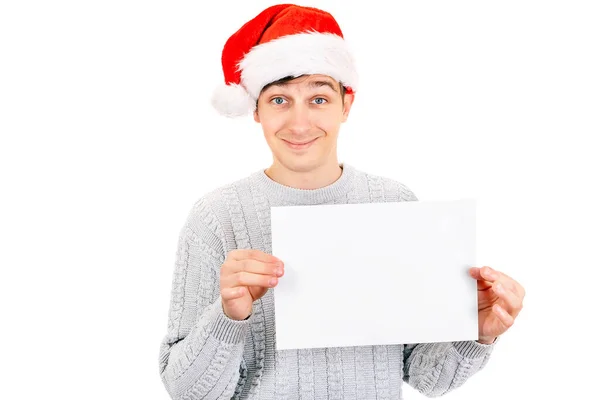 Happy Young Man Santa Hat Blank Paper Isolated White Background — Stock Photo, Image