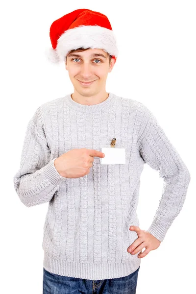 Счастливый Молодой Человек Санта Клаусе Пустым Значком Белом Фоне — стоковое фото