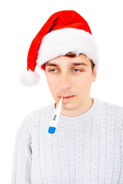 Sick Man Santa Hat Θερμόμετρο Που Απομονώνεται Στο Λευκό Φόντο — Φωτογραφία Αρχείου
