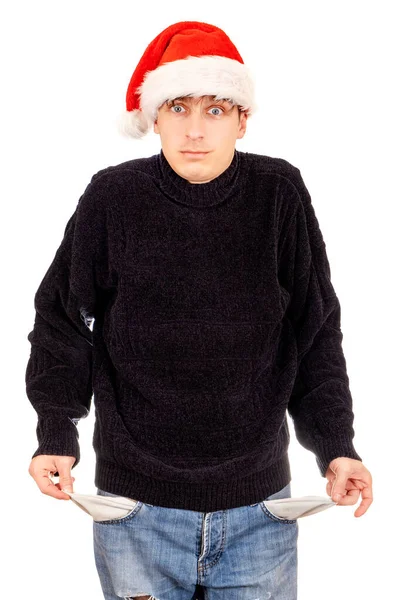 Zaskoczony Młody Człowiek Santa Hat Pokazuje Puste Kieszenie Izolowane Białym — Zdjęcie stockowe