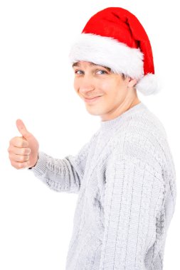 Santa Hat 'taki Genç Adam Beyaz Arkaplanda İyi Bir Hareketli