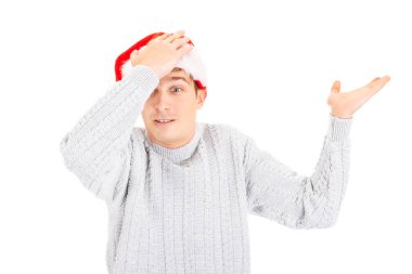 Santa Hat 'li Genç Adam, Beyaz Yakından El Kaldırma Hareketi