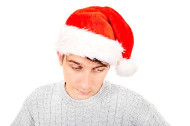 Üzgün Genç Santa Hat portresi Beyaz Arkaplan yakın çekim