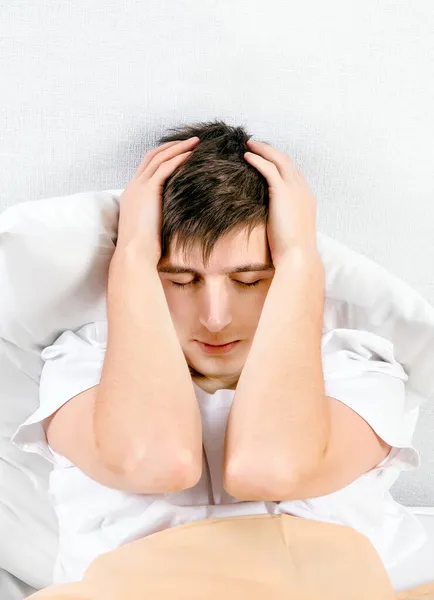 Sad Young Man Feel Headache Bed Home — Stock Photo, Image