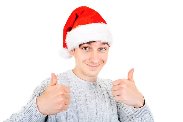 Homem Jovem Santa Chapéu Com Gesto Fundo Branco — Fotografia de Stock