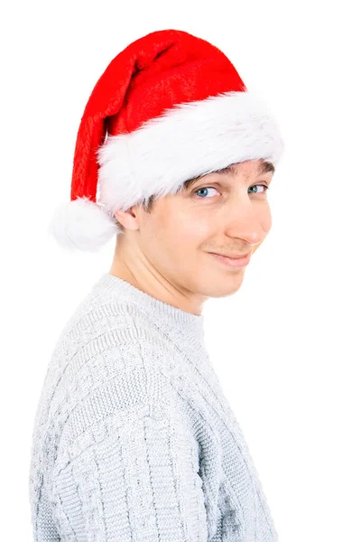 Porträt Eines Hübschen Jungen Mannes Mit Weihnachtsmütze Isoliert Auf Weißem — Stockfoto