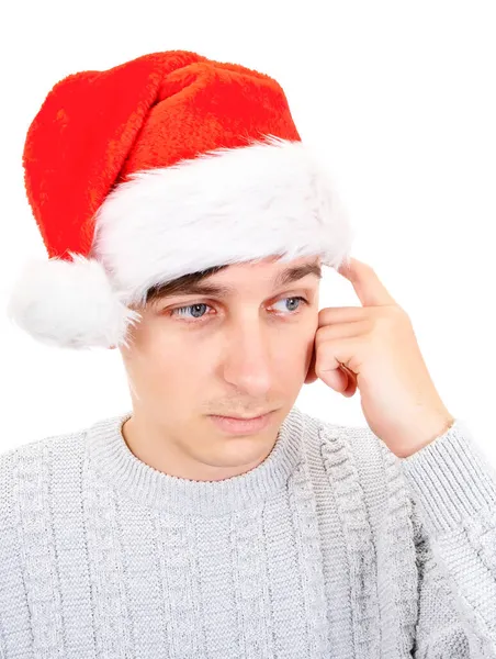 Pensive Jonge Man Santa Hat Denken Geïsoleerd Witte Achtergrond — Stockfoto