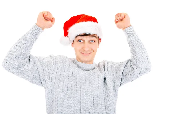 Heureux Jeune Homme Dans Santa Hat Avec Les Mains Vers — Photo