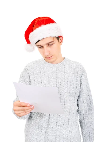 Worried Young Man Santa Hat Read Document Isolated White Background — Stock Photo, Image