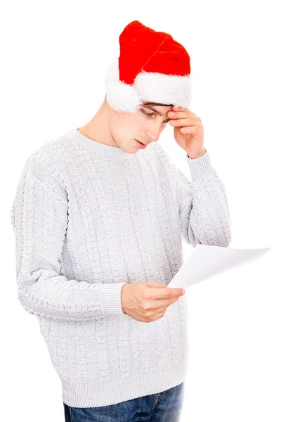 Worried Young Man Santa Hat Read Document Isolated White Background — Stock Photo, Image