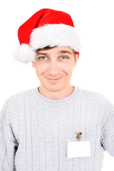 Happy Young Man Santa Hat Empty Badge Isolated White Background — Stock Photo, Image