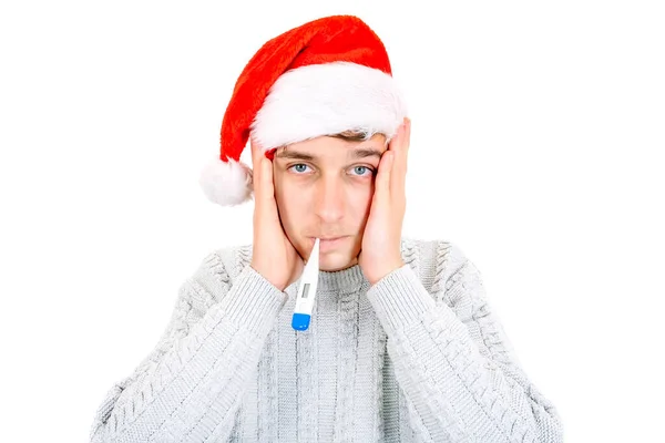 Hombre Enfermo Sombrero Santa Con Termómetro Aislado Fondo Blanco — Foto de Stock