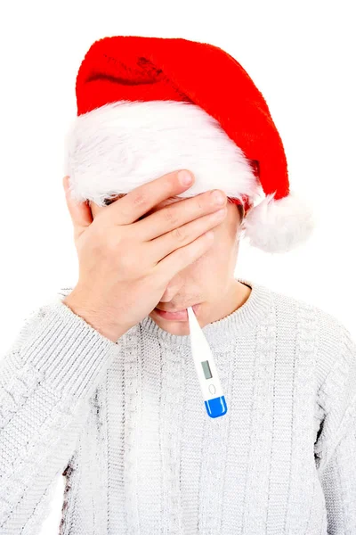 Sick Man Santa Hat Θερμόμετρο Που Απομονώνεται Στο Λευκό Φόντο — Φωτογραφία Αρχείου