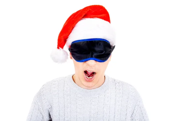 Jeune Homme Santa Hat Masque Sommeil Bâille Isolé Sur Fond — Photo