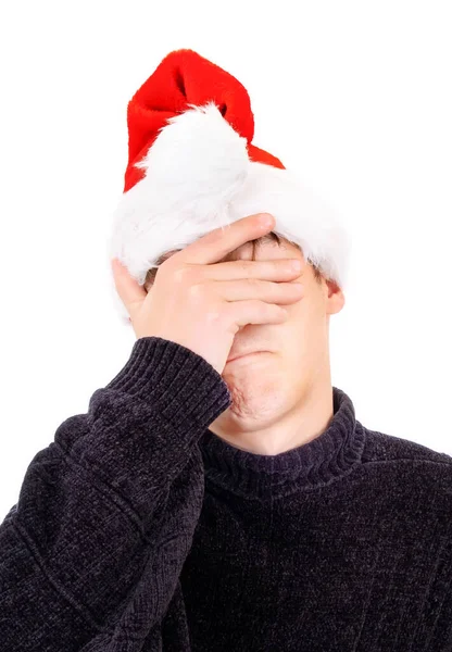 Droevige Jonge Man Santa Hoed Huilt Geïsoleerd Witte Achtergrond — Stockfoto