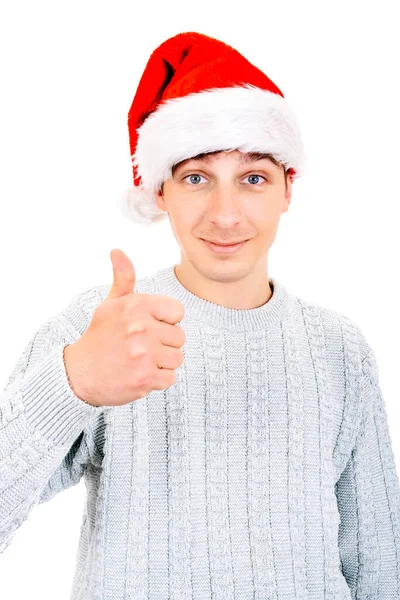 Homem Jovem Santa Chapéu Com Gesto Fundo Branco — Fotografia de Stock