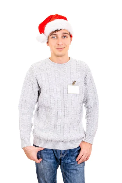 Junger Mann Mit Weihnachtsmütze Und Leerem Abzeichen Isoliert Auf Weißem — Stockfoto