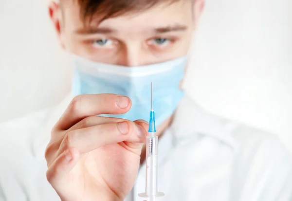 Man Syringe Wall Room Closeup — Stock Photo, Image