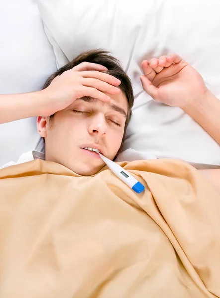 Sick Young Man Sleep Thermometer Bed — Stock Photo, Image