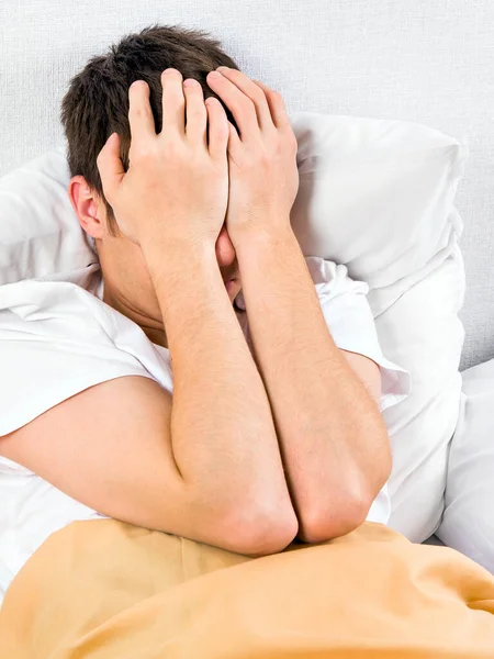 Sad Young Man Bed Wall — Stock Photo, Image