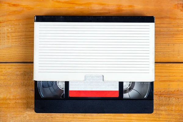 Retro Video Tape Cassette Box Wooden Planks Background Closeup — Stock Photo, Image