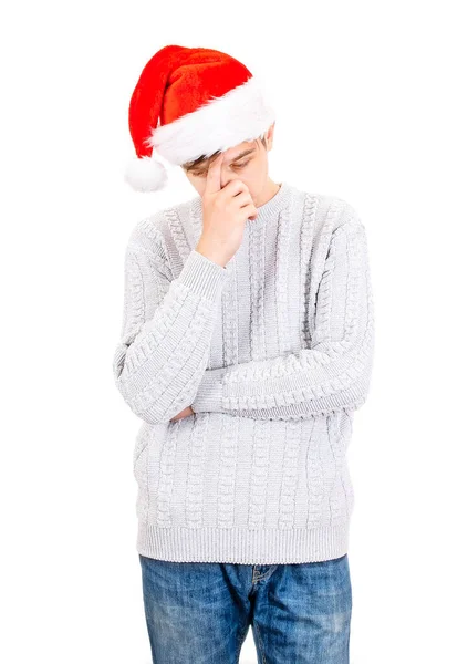 Smutný Mladý Muž Santa Klobouk Myšlení Izolované Bílém Pozadí — Stock fotografie