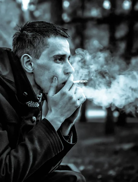 Monochrome Photo Sad Man Cigarette Portrait Outdoor — Stock Photo, Image