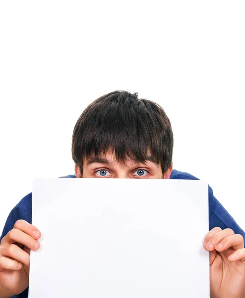 Surprised Young Man Blank Paper White Background — Stock Photo, Image