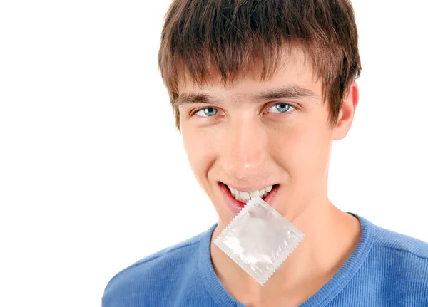 Young Man Condom Isolated White Background Closeup — Stock Photo, Image