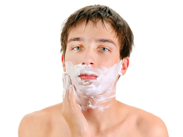 Young Man Shaving Cream Face Isolated White Background — Stock Photo, Image